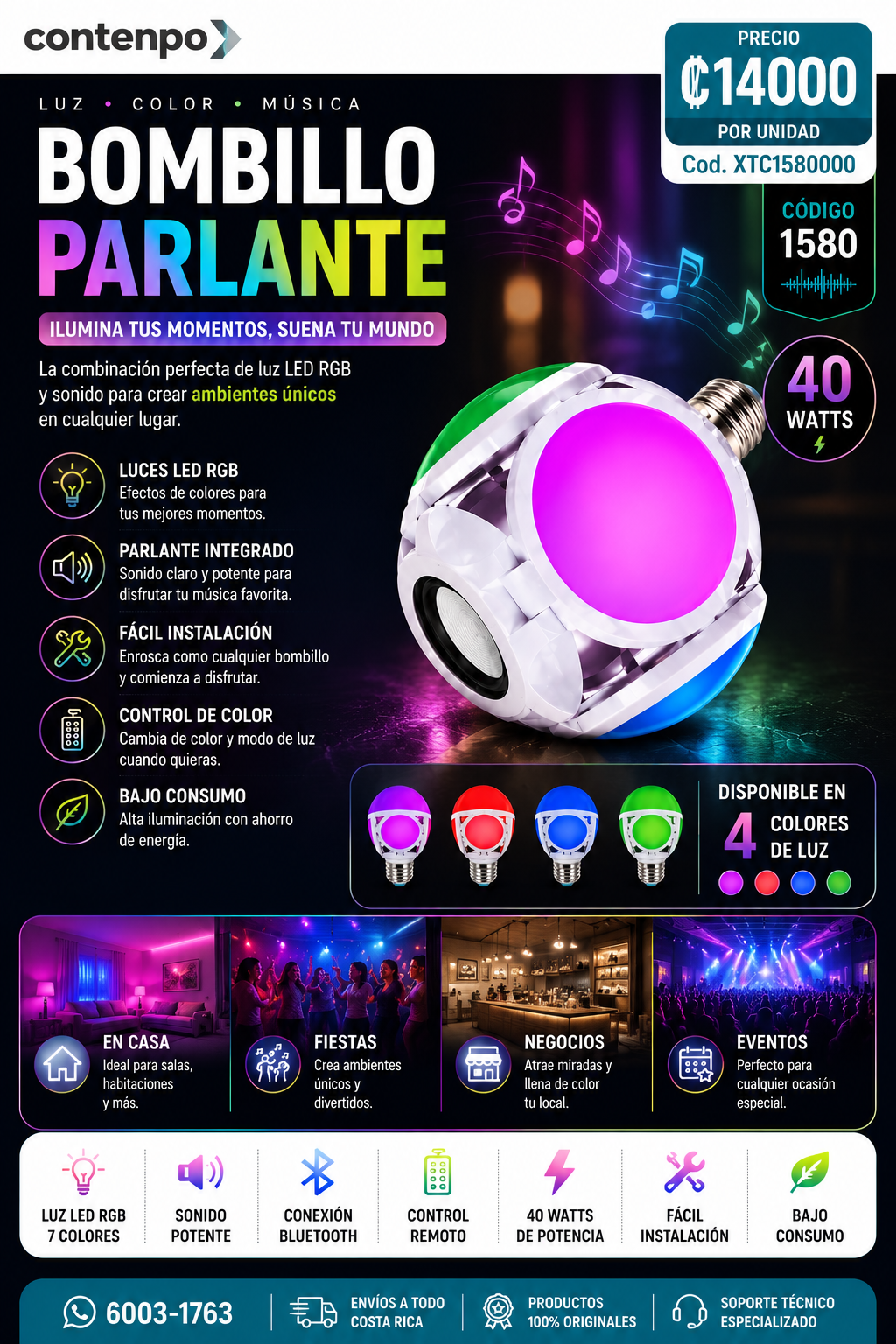 BOMBILLO PARLANTE LED RGB