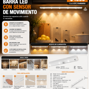 BARRA LED CON SENSOR DE MOVIMIENTO, MIDE 60CM